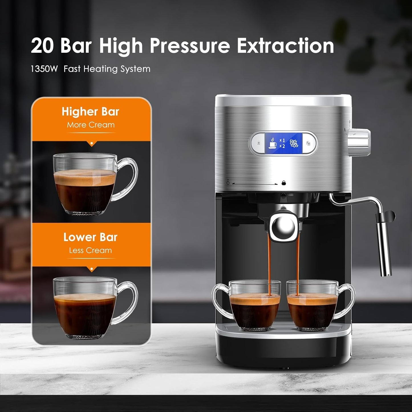 COWSAR Commercial Espresso Machine 20 Bar, Compact Espresso Maker with Milk Frother Steam Wand, Expresso Coffee Machines with 45 OZ Removable Water Tank for Cappuccino, Latte, Home