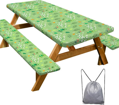 96in, Picnic Table Cover with Bench Covers Camping Essentials Waterproof Windproof Camping Tablecloth with Drawstring