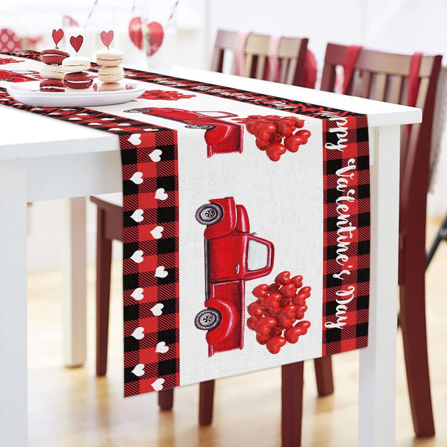 Valentine Table Runner, Red Black Buffalo Plaid Dresser Scarves with Heart Shape Balloon for Holiday Decor, 13x90inch