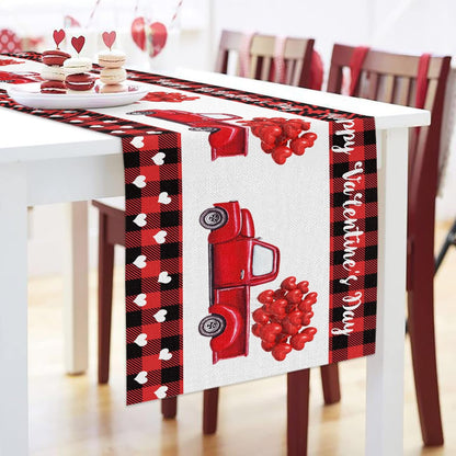 Valentine Table Runner, Red Black Buffalo Plaid Dresser Scarves with Heart Shape Balloon for Holiday Decor, 13x90inch