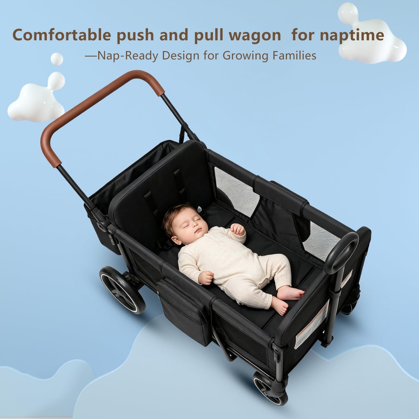 Voupou Wagon Stroller for 2 Kids,Push Pull Wagon with Adjustable Handle, Folding Wagon with Canopy & Mosquito Net, All-Terrain Wheels,Cup Holder & Snack Tray,Storage&Mom Bag,for Camping Beach Travel