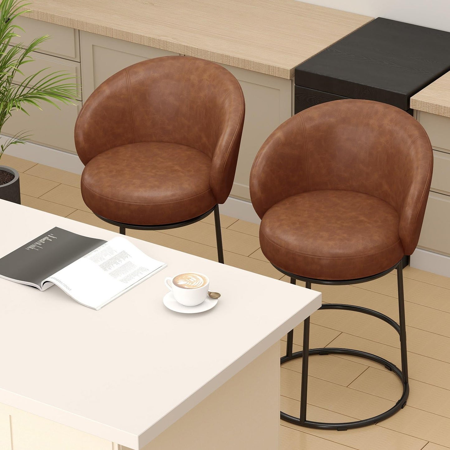 SAECKBERG Swivel Counter Height Bar Stools Set of 3, 26" H Modern Bar Height Stools for Kitchen Island, Upholstered Barstools with Backs, Brown Counter Stools Chairs, Faux Leather