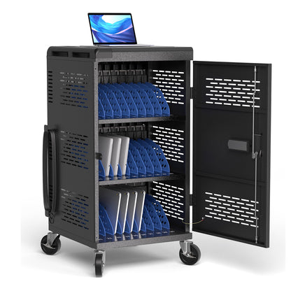 Fully Assembled 30 Unit Device Charging Station for Chromebook, iPad, 14'' Laptop - Pre Built Charging Cart with Charger Cable Management, Circuit Breaker, Grounding Protection (Black)