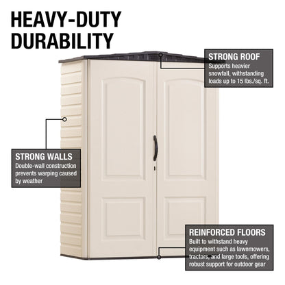 Rubbermaid Small Vertical Resin Outdoor Storage Shed With Floor (2.3 x 4.6 Ft), Weather Resistant, Beige/Brown, Organization for Home/Backyard/Pool Chemicals/Toys/Garden Tools/Porch/Patio Cushions