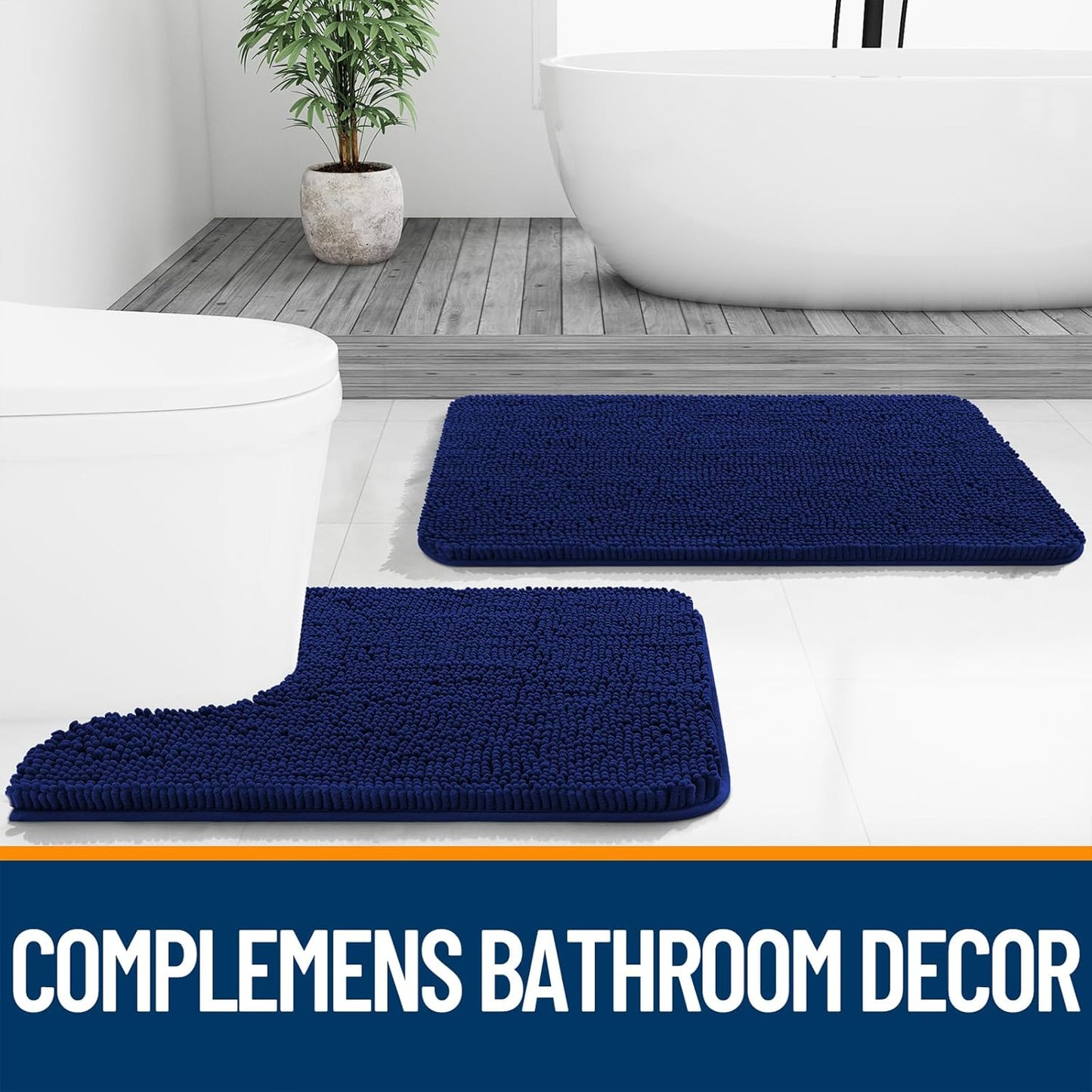 OLANLY Large Bathroom Rugs - Extra Soft Chenille Bath Mats with Rubber Backing | Quick Dry, Navy 45x27