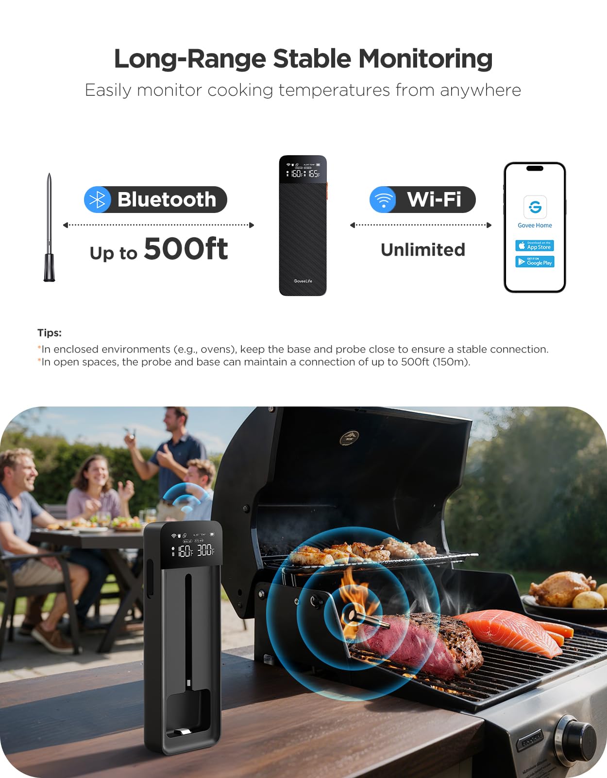 GoveeLife Smart Wireless Meat Thermometer with Bluetooth WiFi Ultra Range, Digital Oven Thermometer with Accuracy ±1.8°F, Charge Magnetic Base, Alarm, Kitchen Tools Suitable for BBQ, Grill, Smoker