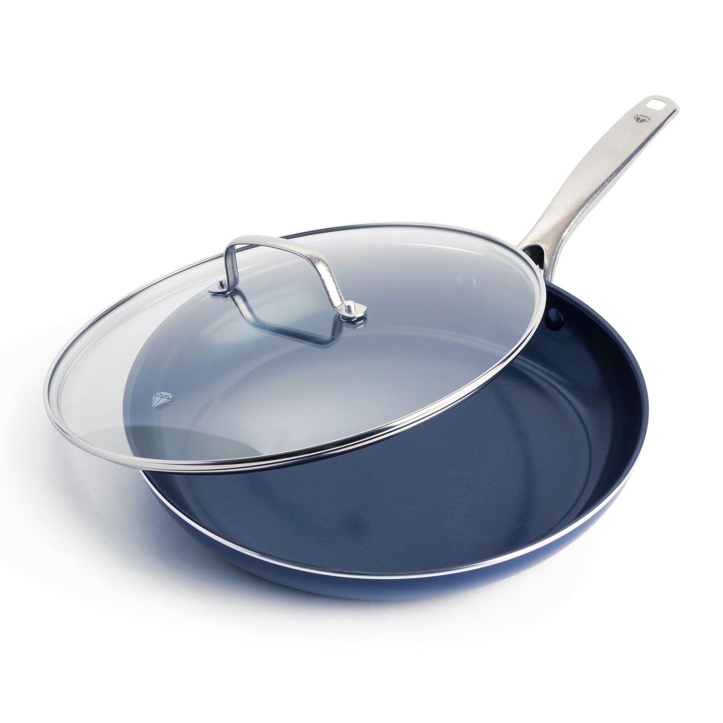 Blue Diamond 12" Nonstick Frying Pan with Lid, Diamond Infused PFAS & PTFE-Free Ceramic Skillet, Dishwasher & Oven Safe, Stay Cool Handle, Durable Non Toxic Metal Utensil Safe, Glass Lid, Blue