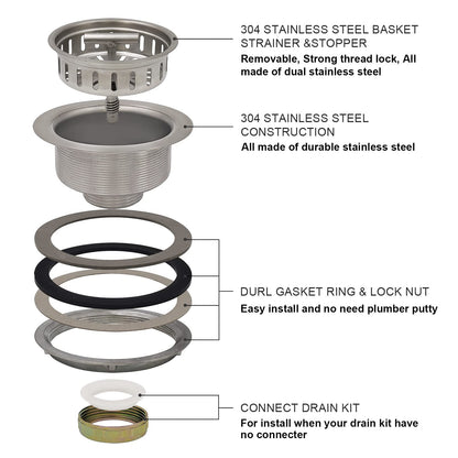 EADOT 3-1/2 Inch Brushed Nickel Sink Strainers for Kitchen Sink, Stainless Steel Kitchen Sink Drain Strainer Assembly with Strainer Basket And Drain Stopper, US Standard Kitchen Sink Drain Replacement
