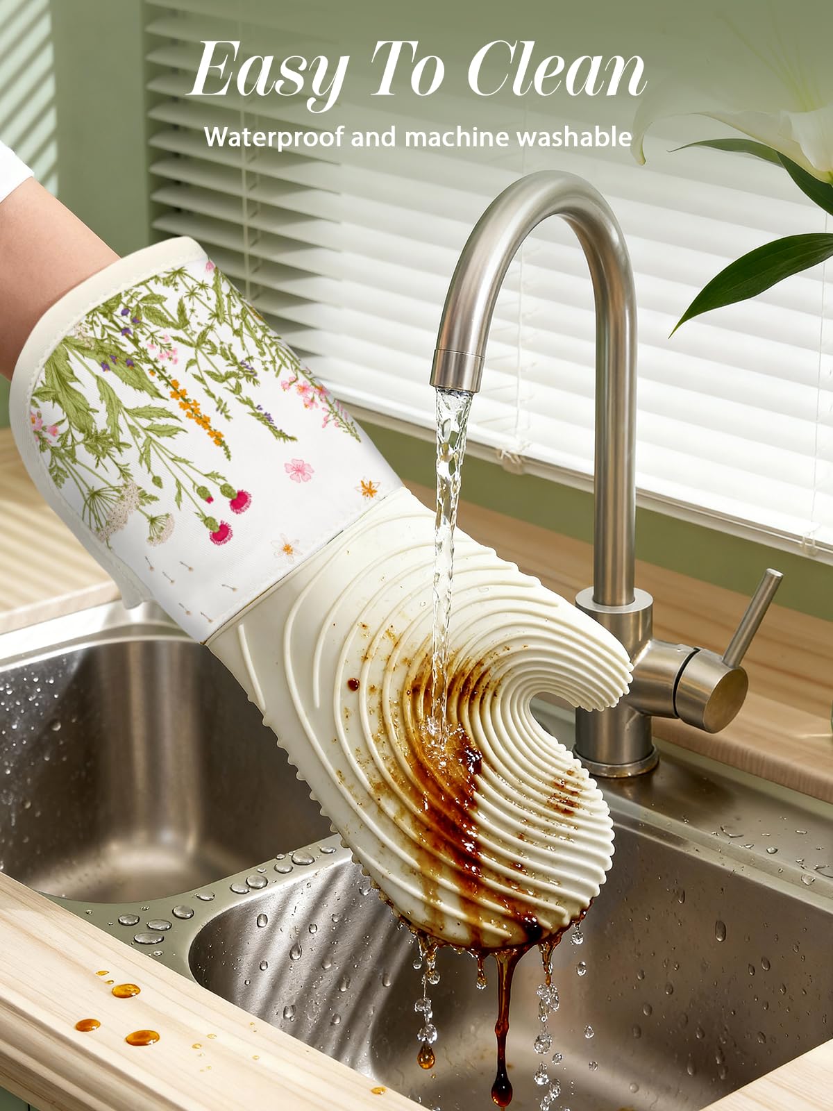 Slohif Long Silicone Oven Mitts Heat Resistant for Women - 2 Pcs Flowers 100% Cotton Oven Gloves, Non-Slip and Waterproof Silicone Oven Mitts with Hanger for Baking and Cooking