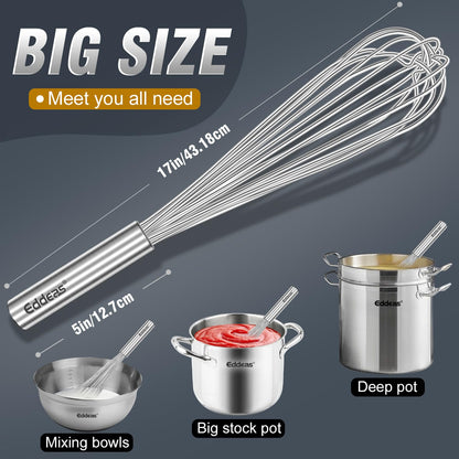 Eddeas 17in Large Whisk,Heavy Duty whisk, Stainless Steel whisk Suitable for Mixing Thick batter, Dry Ingredients and Seasonings.Accessories for professional commercial kitchens.