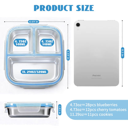 DOCMON Stainless Steel Snack Containers, 3 Compartments Reusable on and go Bento Box with Lids for Kids, Lunch Box Pre Meal Storage for School Office Outdoor Camping Travel - Blue