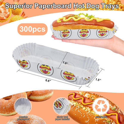 Qmino 300Pcs Hot Dog Trays, 6'' Paper Food Trays Eco Friendly, Boats Rectangular Fluted Hot Dog Tray, Disposable Food Tray Hot Dog Cart Accessories for Takeout Food