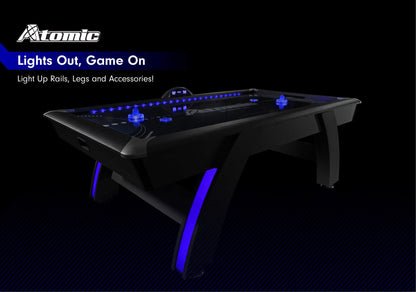 Atomic 90” Indiglo LED Light Up Air Hockey Table – Fully Illuminated Arcade Style Table with LED Scoring, Light Up Pucks & Pushers, in‑Rail Lighting and Music