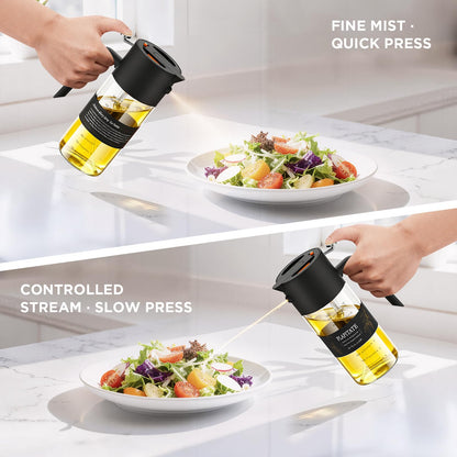 PLAPITATE 17oz/500ml Premium Olive Oil Sprayer for Cooking, 2 in 1 Glass Olive Oil Dispenser Bottle for Kitchen Gadgets, Spray Bottle with Portion Control for Salad, Frying, BBQ (Black)