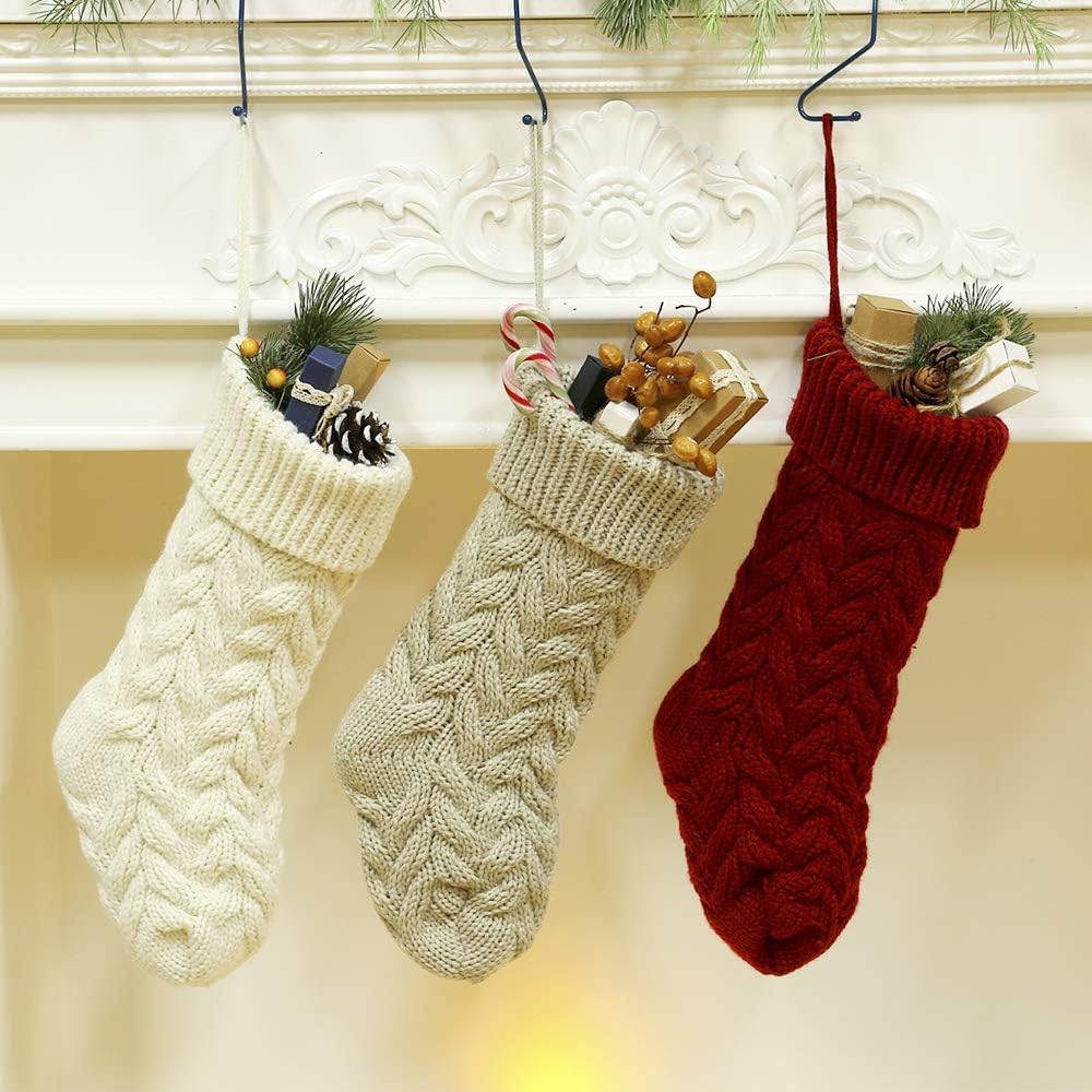 Set of 2 Crochet Knitted Christmas Stockings, Large 46CM Red White Cable Knit for Home Decor