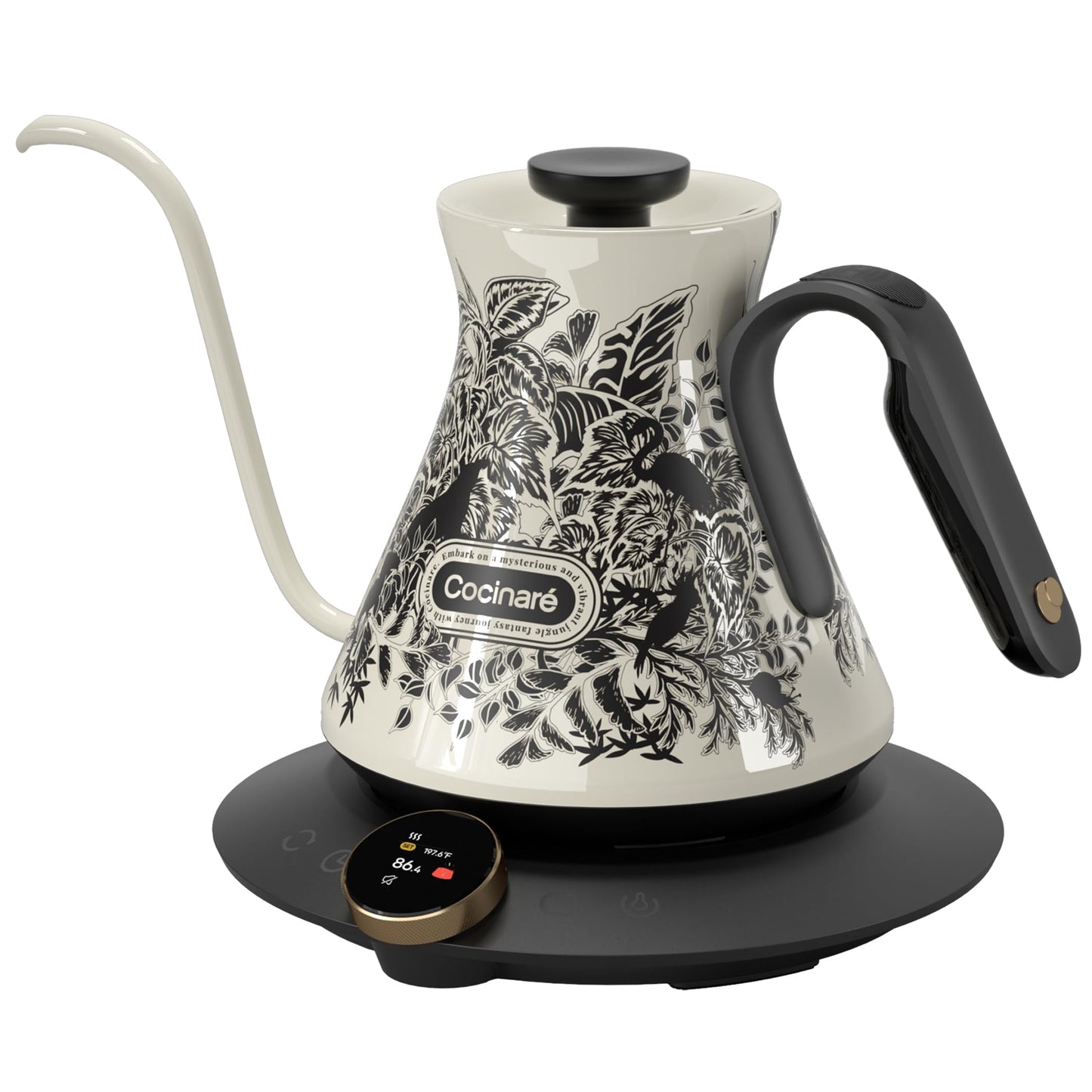 Cocinare Gooseneck Electric Kettle, ±0.5°F Precise Temperature Control, 1500W Fast Heating, Pour-Over Coffee & Tea, Stainless Steel, 0.6L (Color-changing Jungle Design)
