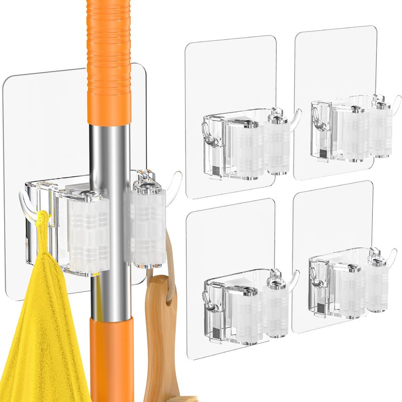 Batur Broom Holder Wall Mount, 4 Pack New Version Adhesive Mop and Broom Holder Wall Mount, Super Anti-Slip Broom Hanger Mop Organizer Wall Hanging for Bathroom, Kitchen, Laundry Room