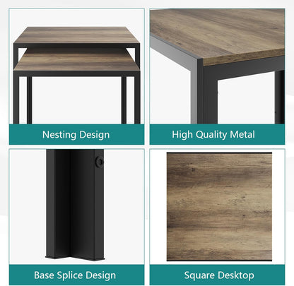 Set 2, Smuxee Nesting Coffee Table of Square Modern Stacking Table with Wood Finish, Industrial End Table Side Tables