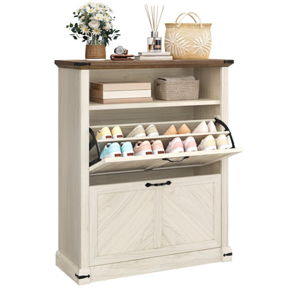 YITAHOME Shoe Cabinet for Entryway, 40inch Tall Shoe Storage Cabinet, Slim Shoe Cabinet with 2 Flip-Out Drawers & 1 Open Shelf, Shoe Storage for Entryway Hallway, Off White
