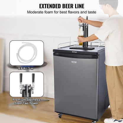 VEVOR Beer Kegerator, Dual Tap Commercial Draft Beer Dispenser for D system, Full Size Keg Refrigerator with 5lbs CO2 Tank, Hold 2 Sixth / 3 Ball lock keg, Silver