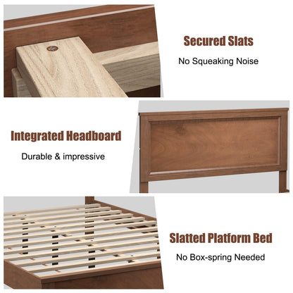 KOMFOTT Full Size Wood Platform Bed Frame with Headboard, Wooden Mid Century Platform Bed with Slat Support & Under Bed Storage, Mattress Foundation Bed Base, No Box Spring Needed, Walnut