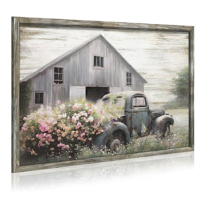 Rustic Framed Farmhouse Wall Art: Wooden Flower Truck Painting Country Barn Prints for Bedroom