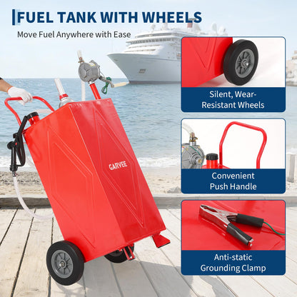35 Gallon Fuel Gas Caddy Storage Tank, Portable Gas Caddy with Wheels, Manual Hand Crank Transfer Pump, Fuel Hose, Wide Fill Neck, Level Gauge, Mobile Gasoline Diesel Fuel Transfer Tank for ATV, Lawn Mower, Tractor, Car, Boat, Equipment