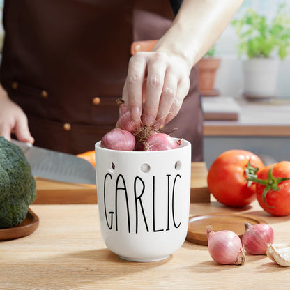CMLKLZD Ceramic Garlic Keeper for Counter, Large Garlic Holder with Acacia Wood Lid, Farmhouse Garlic Storage Container, Garlic Saver for Kitchen, White
