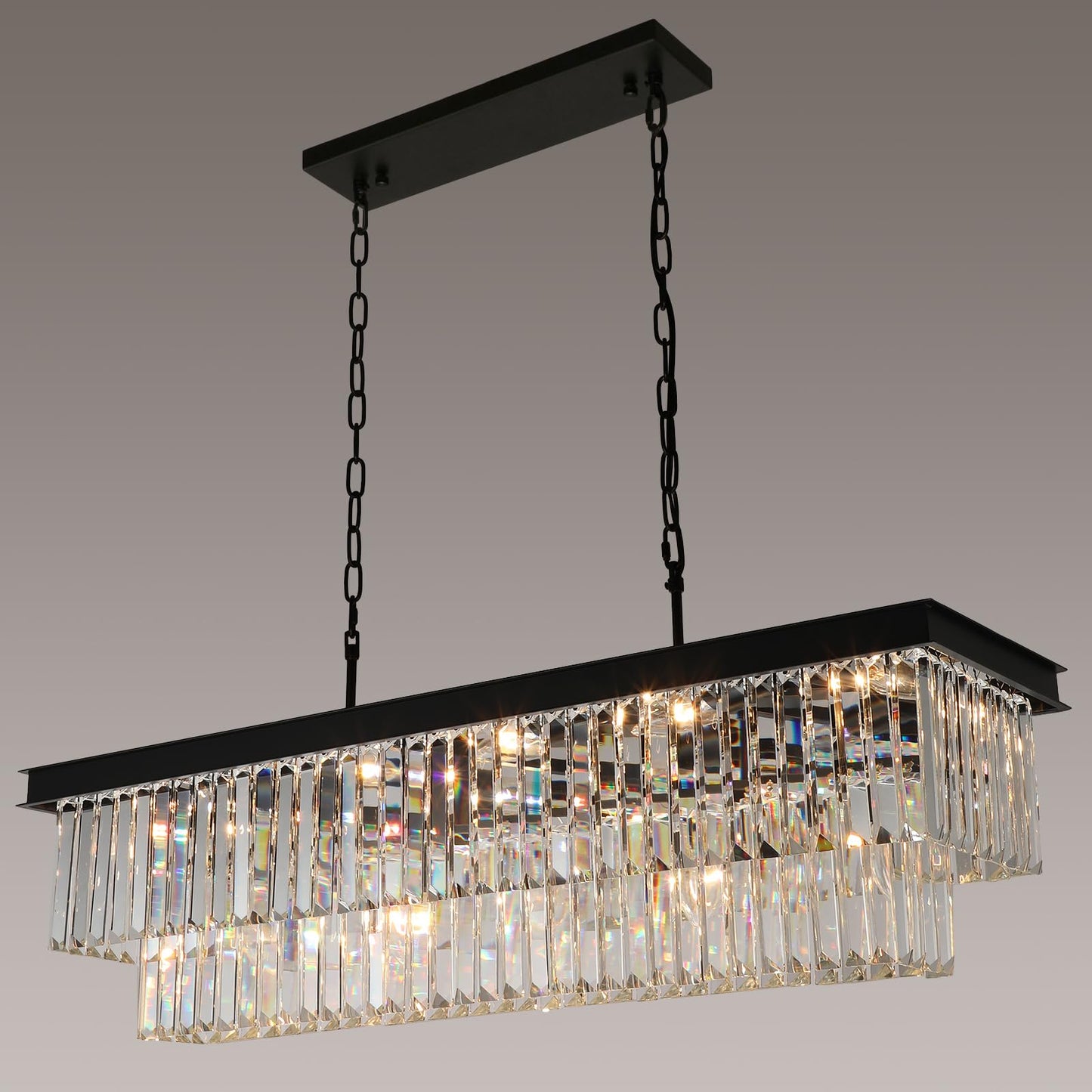 Weesalife Crystal Chandeliers for Dining Room Light Fixtures Over Table，15-Lights Black Modern Rectangle Chandeliers for Kitchen Island Bar L40 Inch