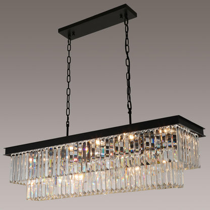 Weesalife Crystal Chandeliers for Dining Room Light Fixtures Over Table，15-Lights Black Modern Rectangle Chandeliers for Kitchen Island Bar L40 Inch