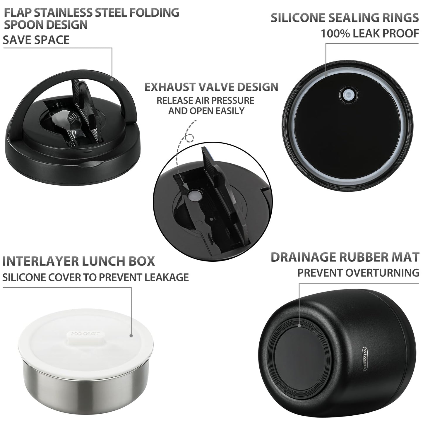 wiwens Thermo Food Jar for Hot Food Adults 32OZ Soup Thermo Lunch Containers Wide Mouth Vacuum Insulated Stainless Steel Leakproof Bento Box with Spoon (Black)