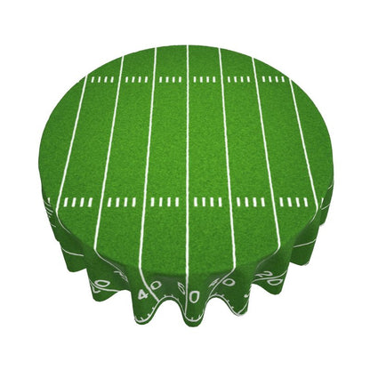 Vrysenium Football Tablecloth Round 60 Inch Green Football Field Table Cloth Circle Sport Themed Table Cover Waterproof Wipeable Polyester Tabletop for Birthday Games Day Party Decorations