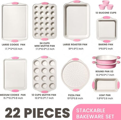 Kikcoin Nonstick Baking Pans Set - 22 PCS Stackable Bakeware with Silicone Handles | 450°F Oven Safe, Pink