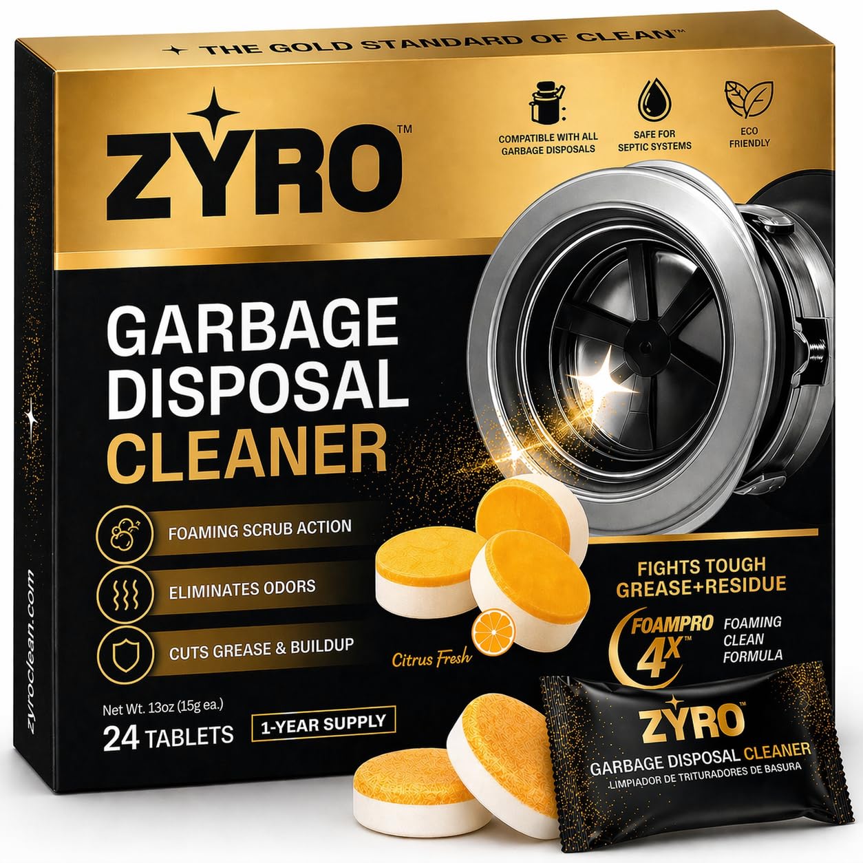 Garbage Disposal Cleaner and Deodorizer | 24 Pack | Kitchen Sink Cleaner Tablets | Eliminates Odor | Fights Grease & Buildup | Foaming Scrub Action | Citrus Fresh | 1 Year Supply | Zyro