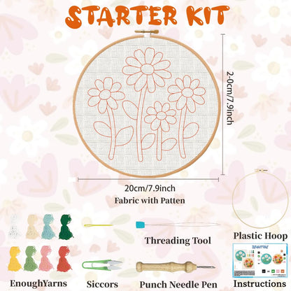 BEUNITONE 2PCS Flower Punch Needle Kit for Adults Beginners, Complete DIY Craft Needlepoint Kits with Hoop, Punch Needle Starter Craft Embroidery Set for Handmade Decor & Floral Stitching Projects