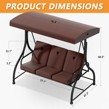 3 Seat Outdoor Porch Swing with Stand, 760 lbs Capacity Heavy Duty Patio Glider Swings for Adults, Convertible 2 in 1 Patio Swings Bed with Adjustable Canopy & Thick Cushions for Garden Yard