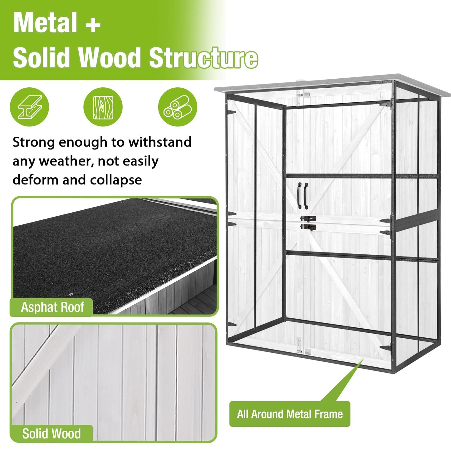 GUTINNEEN Outdoor Storage Cabinet Durable Metal Frame and Solid Wood Vertical Tool Shed with 3 Adjustable Height Shelves and Bottom Floor for Patio, Garden, Backyard, 55" L x 29" W x 67" H