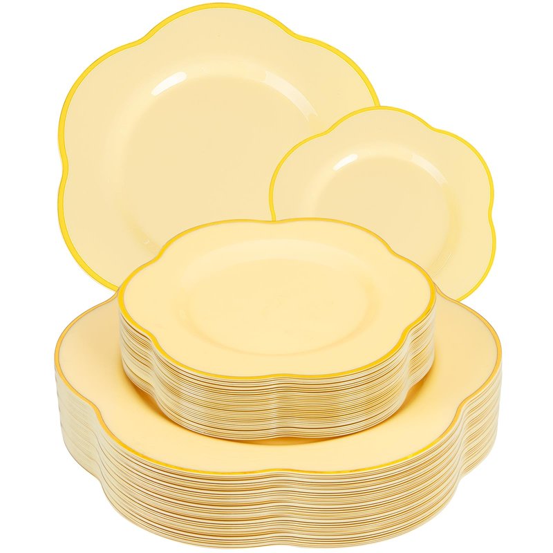 Liacere 50PCS Yellow Plastic Plates - Heavy Duty Disposable -Yellow and Gold Include 25PCS 7inch and 25PCS 10inch Plates for Mothers Day & Baby Shower & Spring & Party