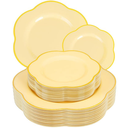 Liacere 50PCS Yellow Plastic Plates - Heavy Duty Disposable -Yellow and Gold Include 25PCS 7inch and 25PCS 10inch Plates for Mothers Day & Baby Shower & Spring & Party