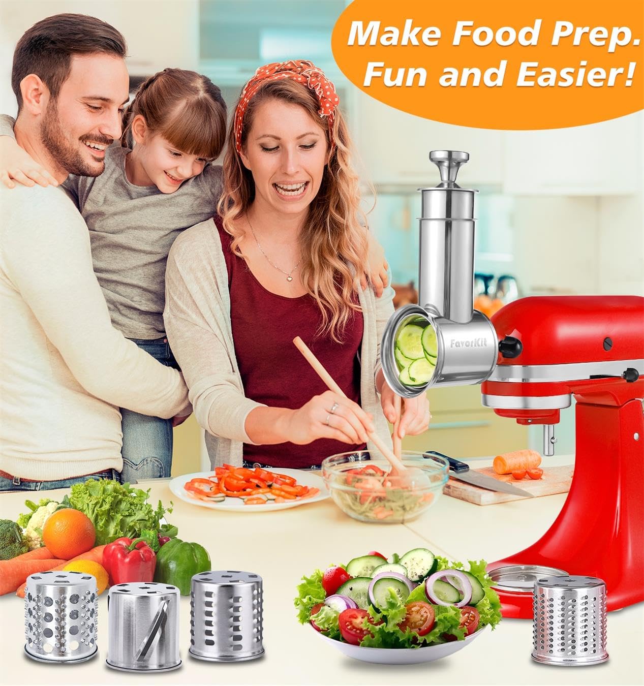 FavorKit Stainless Steel Salad Maker Attachment for KitchenAid Mixers, Large Slicer Shredder & Cheese Grater Accessories with 4 Blades,Dishwasher Safe