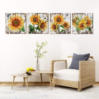 Sunflower Wall Art Bathroom Decor - Rustic Kitchen Yellow Flower Canvas Prints, 12x12" 4Pcs