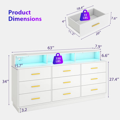 UNIQUITE White 9 Drawer Dressers for Bedroom, Modern Large Dresser with LED Light and Power Outlet, Wooden Long Dresser for Bedroom, Entryway, Hallway