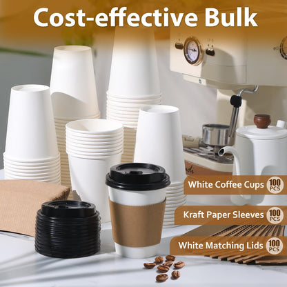 Clawsoff 100 Pack 12 oz Disposable Coffee Cups with Lids and Insulated Sleeves, Leak-free Paper and Sturdy Thick Paper Hot to Go Coffee Cups with Lids for Cold/Hot Beverage (White)