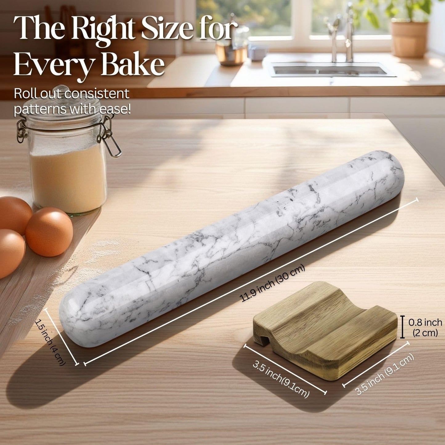 Flexzion French Rolling Pin, 12 Inch White Marble Rolling Pins for Baking with Wooden Base Holder Stand - Non-Stick Baking Roller for Baking Fondant, Crust, Pastry, Cookies, Pizza, Pasta
