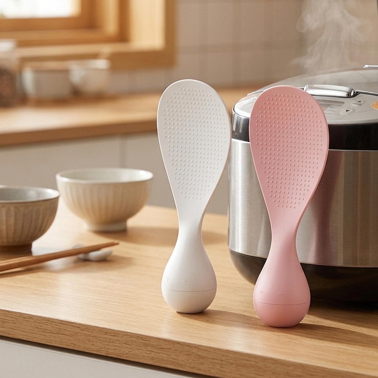 2PCS Non Stick Vertical Rice Spoon, Rice Scoop, Silicone Rice Paddle for Easy Serving,Vertical Design for Space Saving, PP Material Durable Construction