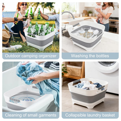 Collapsible Dish Basin with Drain Plug, 2.4 Gal 9L Foldable Wash Basin, Portable Sink Tub for Kitchen, Baby Bottles, Camping, RV, Vegetable Washing and Beverage Tub, Gray