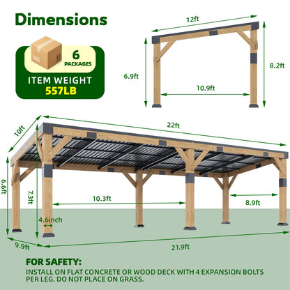GOHONEI10x22 ft Cedar Wood Gazebo with Sloped Galvanized Steel Roof, Hardtop Gazebo Pavilion with Durable, Rot-Resistant Construction, Permanent Outdoor Pergola for Backyard, Garden & Deck