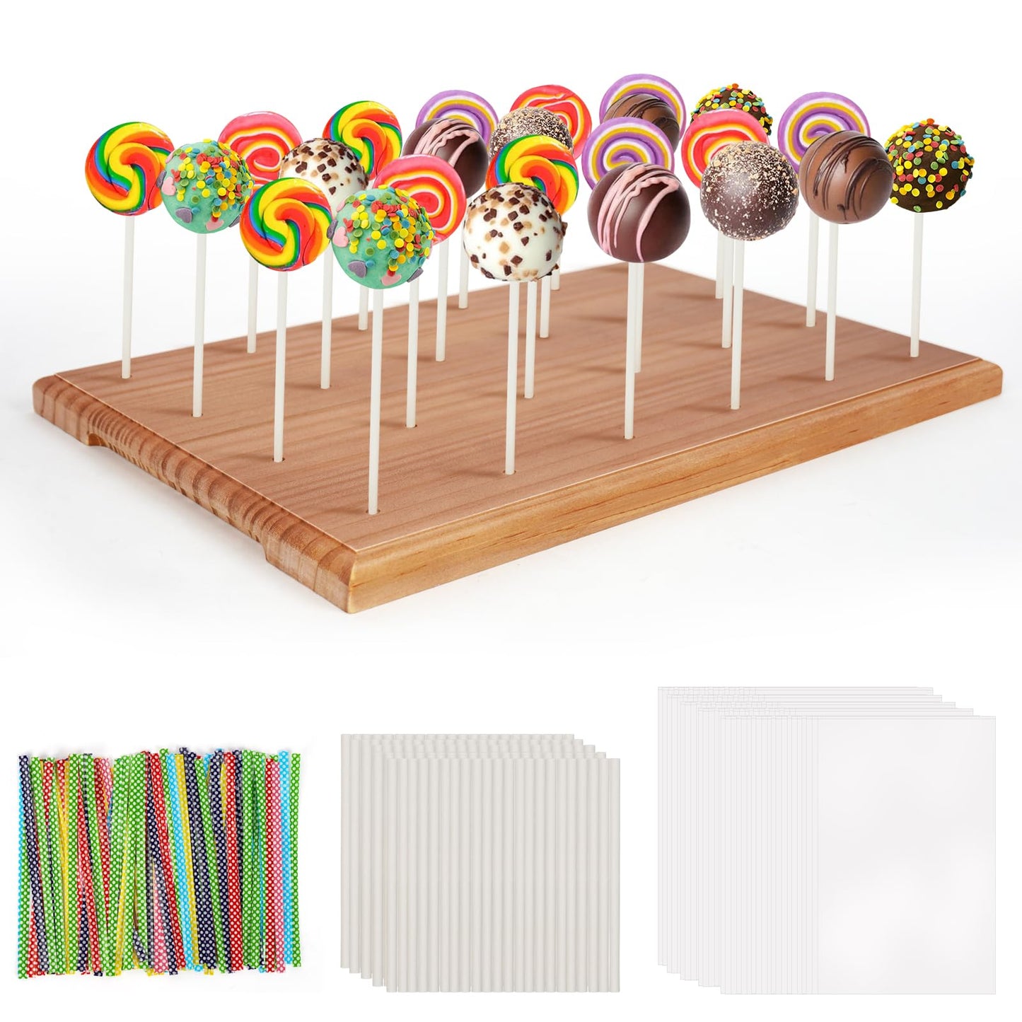 Wooden Cake Pop Stand for Drying, 24 Holes Cake Pop Display Stand with Sticks and Treat Bags, Wood Lollipop Holder for Party Anniversaries Holiday (Walnut, Stand+Sticks+Bags)