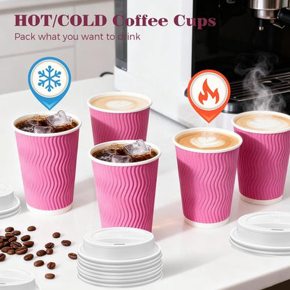 Charmount 100 Pack 12 oz Pink Disposable Insulated Coffee Cups with Lids - Ripple Wall Hot Paper To-Go Cups for Coffee, Tea, Cocoa, and Drinks - For Valentines Day