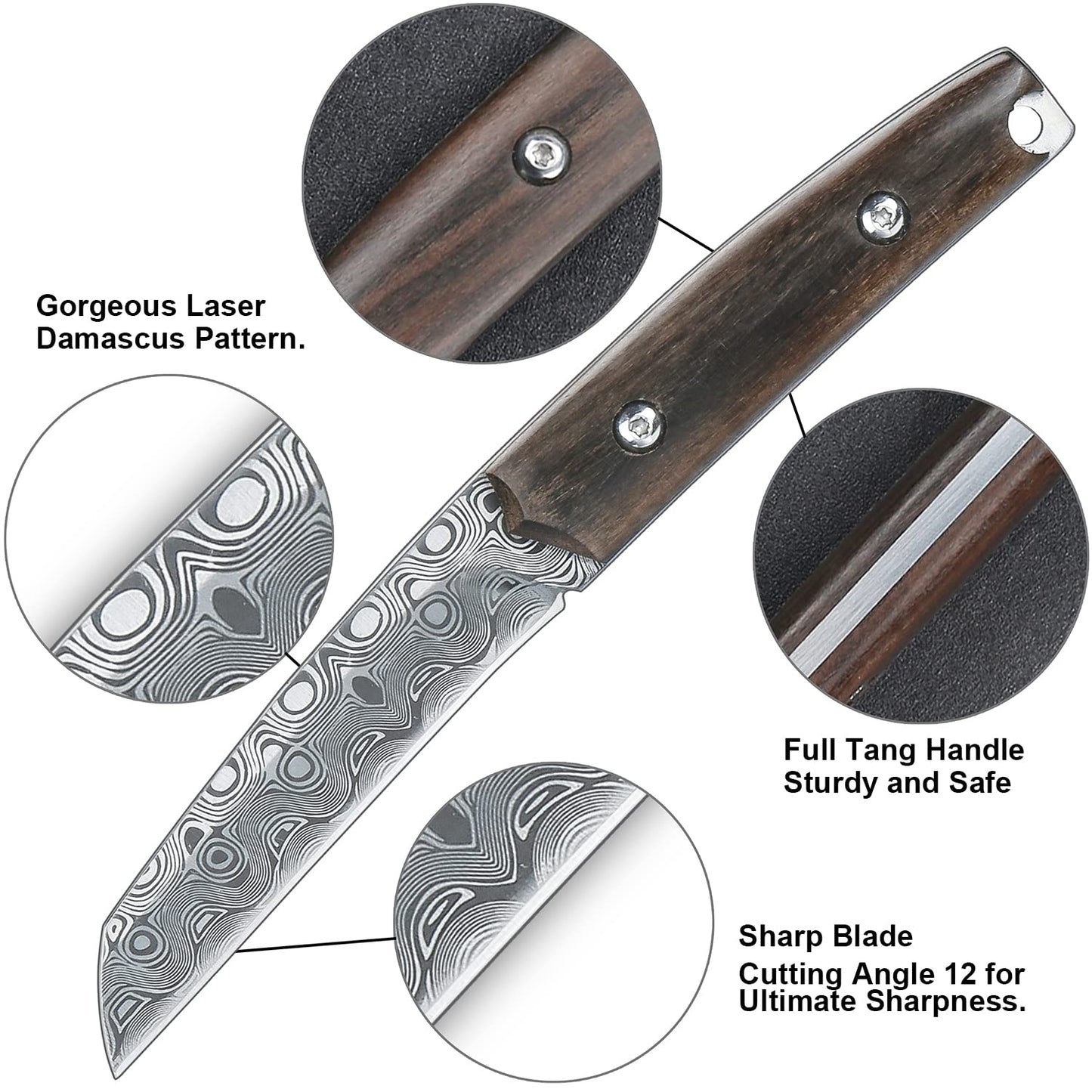 WILDMOK Paring knives Stainless Steel 3.2 Inch Utility Knife Full Tang Fruit Vegetable Cutting Carving Kitchen Knife with Leather Case (A)